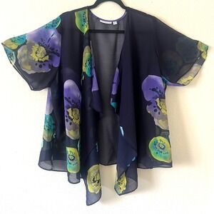 Susan Graver Sz 2X Chiffon Kimono Sheer Blue Watercolor Floral Open Cardigan